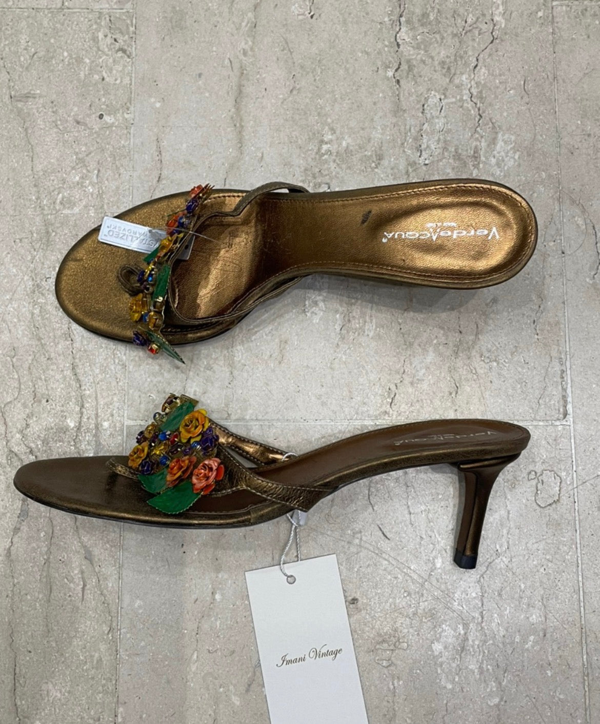 The Bronze Étoile Bloom Vintage Heel – bronze heels with crystal floral appliqués
