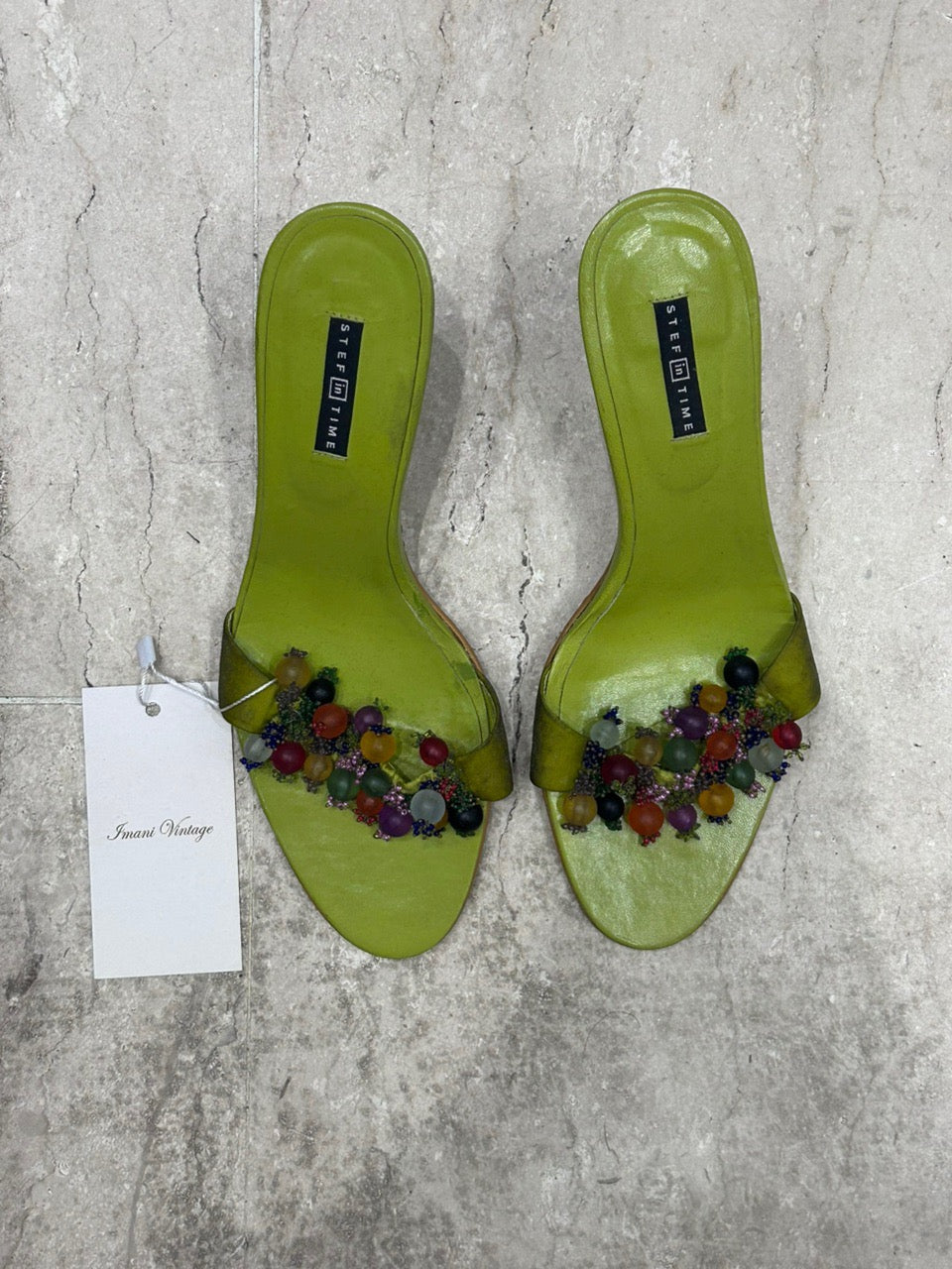 The Orchard Muse Vintage Heels – green heels with whimsical fruit detail strap