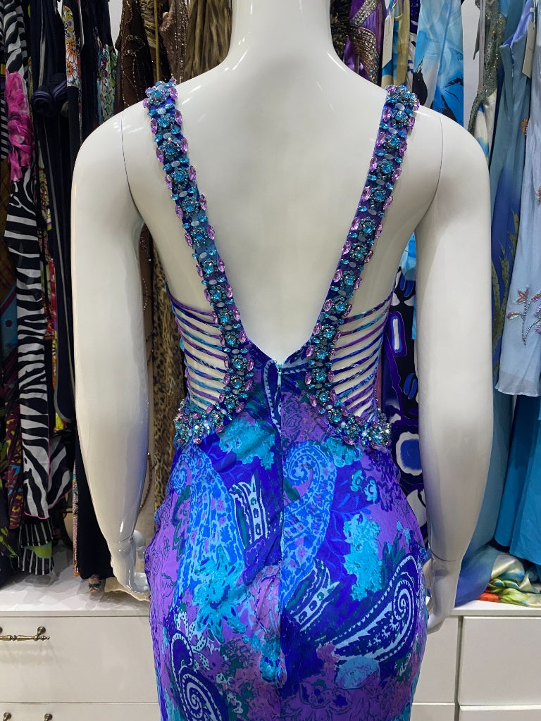 Cobalt & Lavender Paisley Embellished Maxi Dress