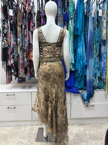 The Golden Jaguar Vintage Dress – gold bronze leopard print evening gown with beaded detailing back