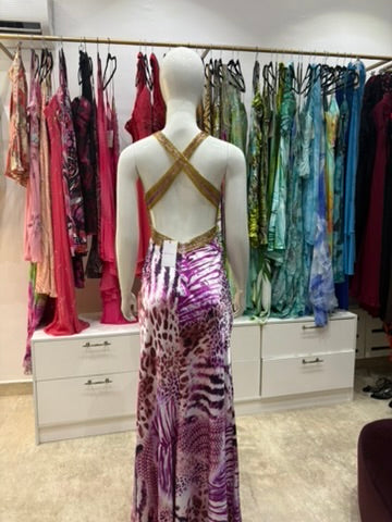 The Wild Amethyst Vintage Dress – amethyst berry animal print maxi dress back