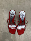 The Crimson Beaded Mule Vintage Heels – red square-toe heels with hand-beaded straps