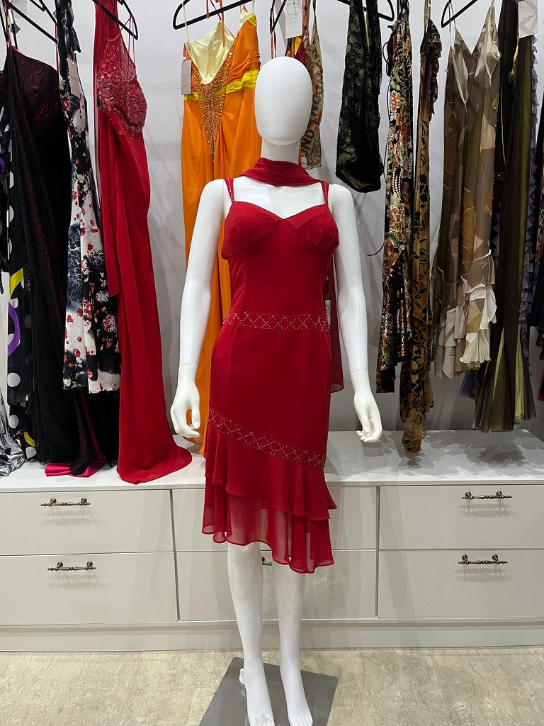 The Crimson Cross Vintage Dress – red midi dress with criss-cross back and beading front