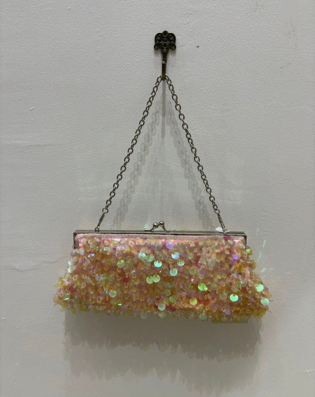 The Blushing Popstar Vintage Bag – pink sequin bag with geometric shimmer pattern