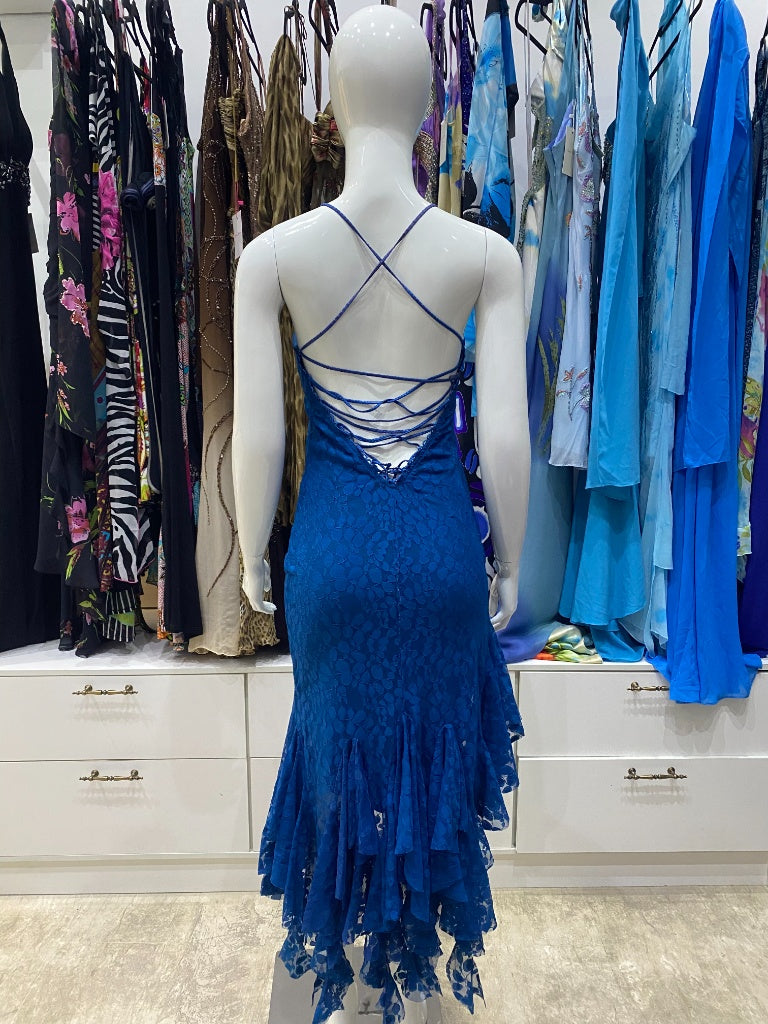 Ocean Blue Lace Ruffle Midi Dress