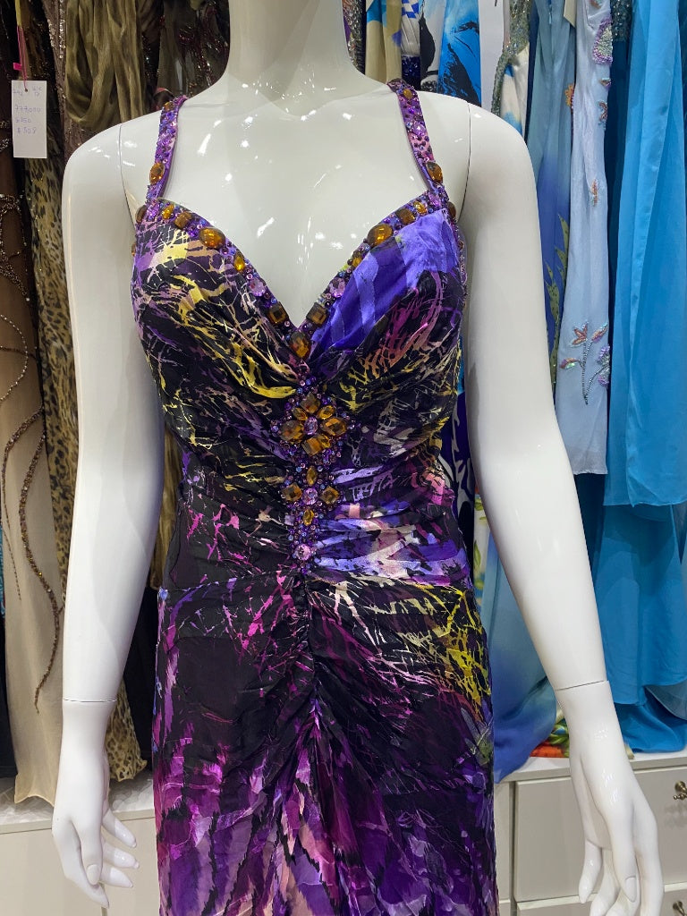 Purple Abstract Beaded Evening Gown