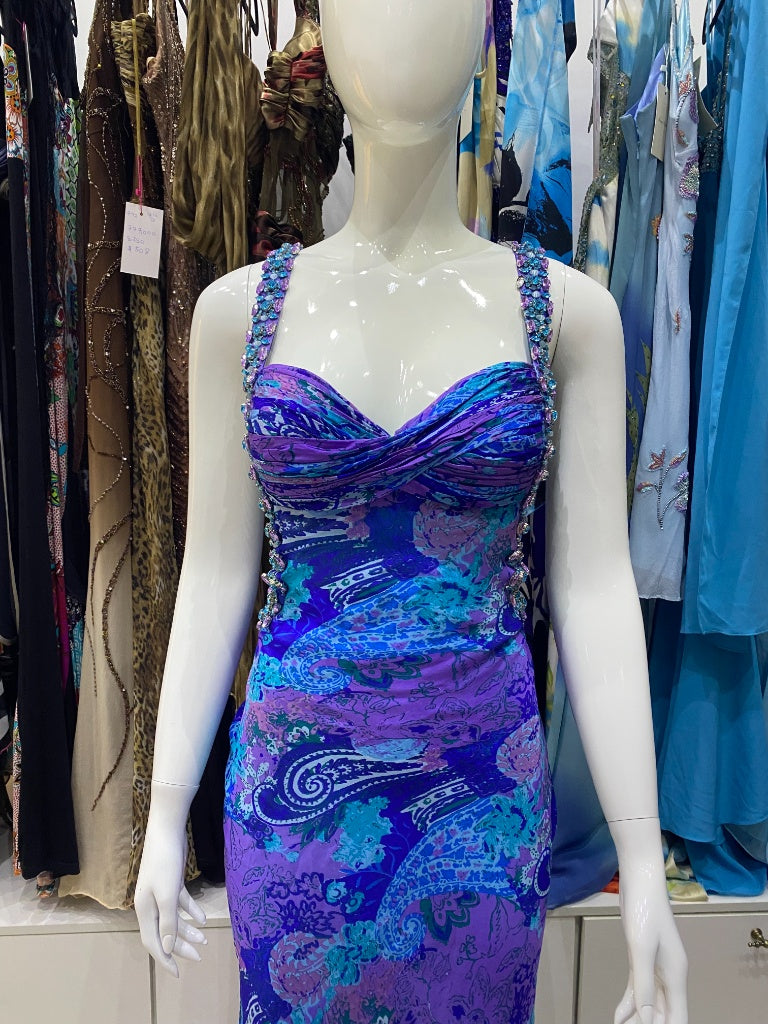 Cobalt & Lavender Paisley Embellished Maxi Dress