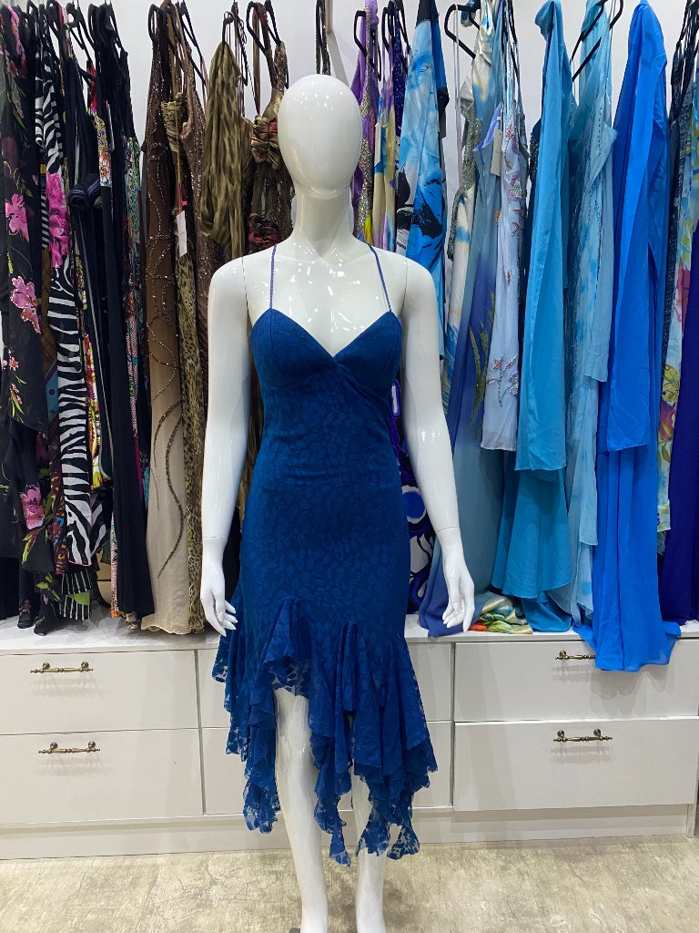 Ocean Blue Lace Ruffle Midi Dress