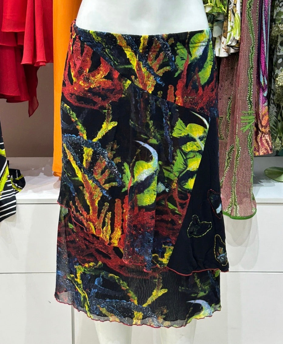The Jungle After Dark Vintage Skirt – orange lime botanical print mesh midi skirt
