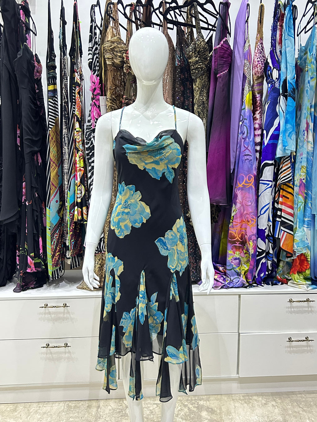 The Dark Bloom Vintage Dress – black chiffon dress with blue floral print front