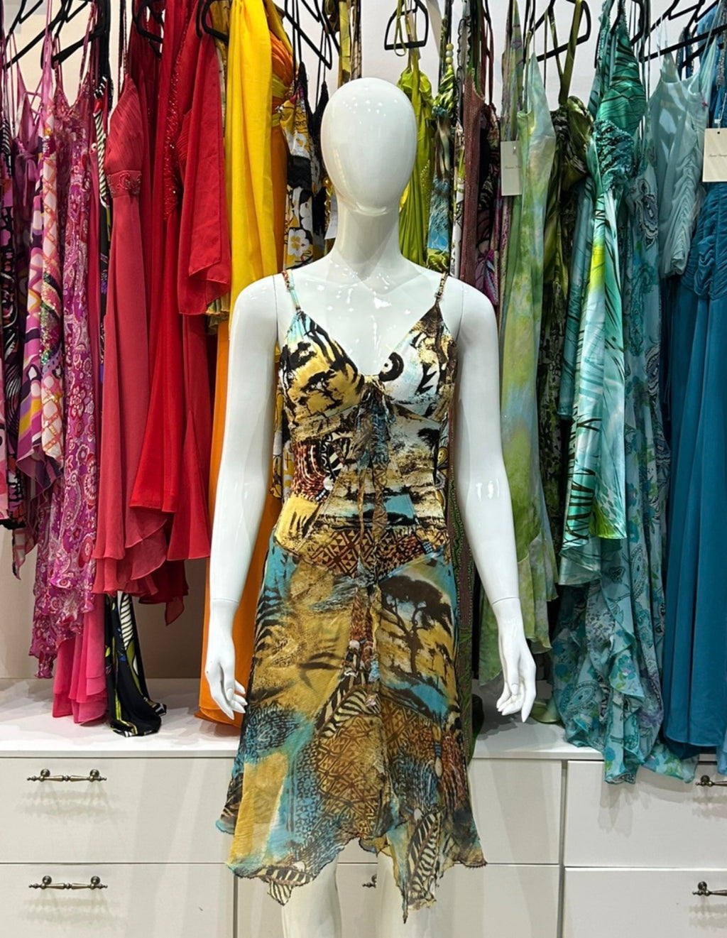 The Blue Safari Vintage Dress – caramel animal print dress with blue accents front
