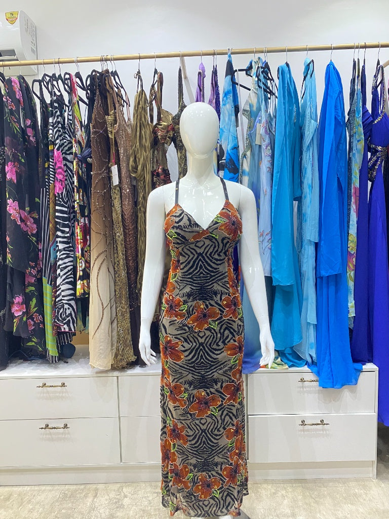 Tiger Stripe & Floral Embellished Maxi Dress