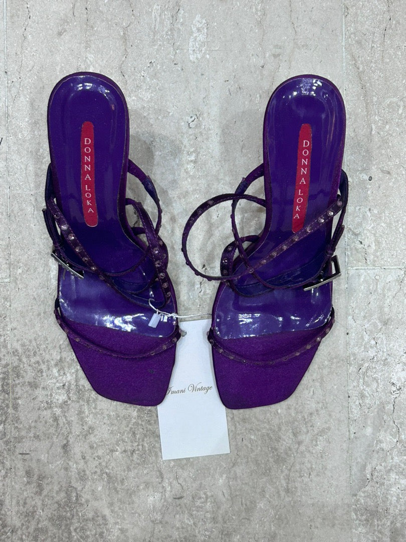 The Amethyst Bridge Vintage Heels – purple and black sandals with studded straps