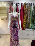 The Wild Amethyst Vintage Dress – amethyst berry animal print maxi dress front