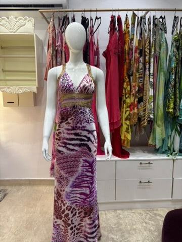 The Wild Amethyst Vintage Dress – amethyst berry animal print maxi dress front