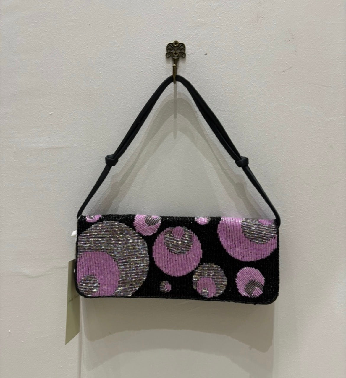 The Lilac Orbit Vintage Bag – black beaded bag with circular pattern detailing