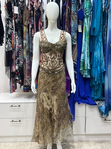 The Golden Jaguar Vintage Dress – gold bronze leopard print evening gown with beaded detailing front