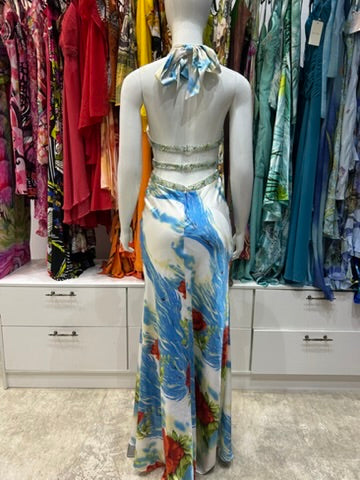 The Santorini Vintage Dress – blue ivory watercolour print halter dress back