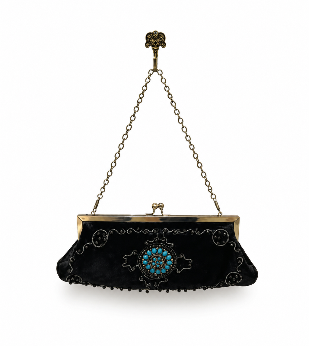 The Midnight Bohemian Vintage Bag – black beaded shoulder bag with bohemian design