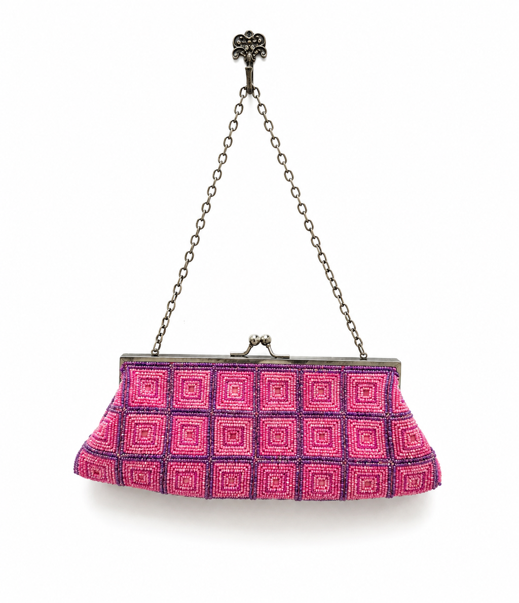 The Blushing Popstar Vintage Bag – pink sequin bag with geometric shimmer pattern