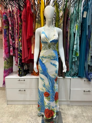 The Santorini Vintage Dress – blue ivory watercolour print halter dress front