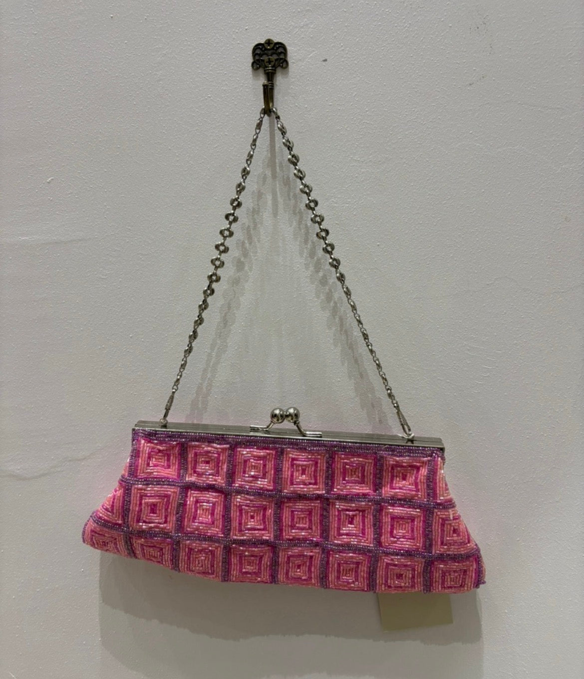 The Blushing Popstar Vintage Bag – pink sequin bag with geometric shimmer pattern