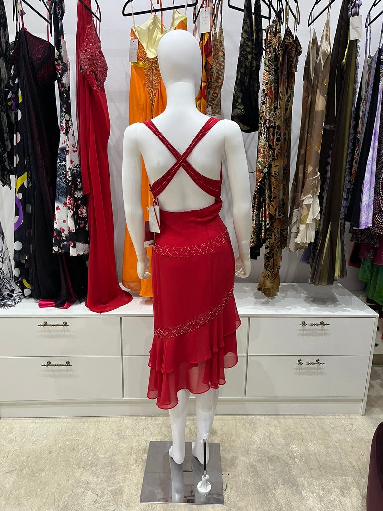 The Crimson Cross Vintage Dress – red midi dress with criss-cross back and beading back