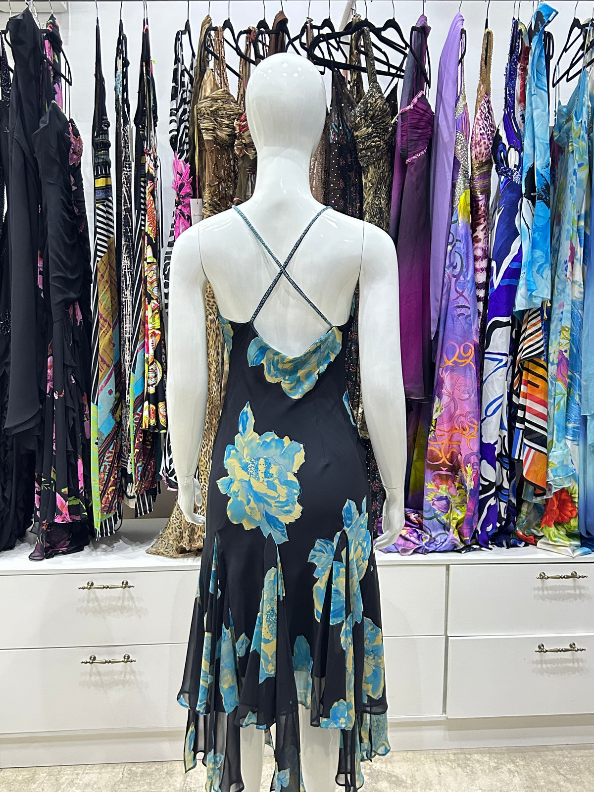 The Marble Muse Vintage Dress – black white marble print gown back