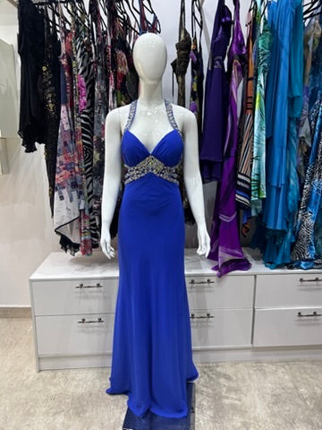 The Sapphire Nights Vintage Dress – sapphire blue halter evening gown front