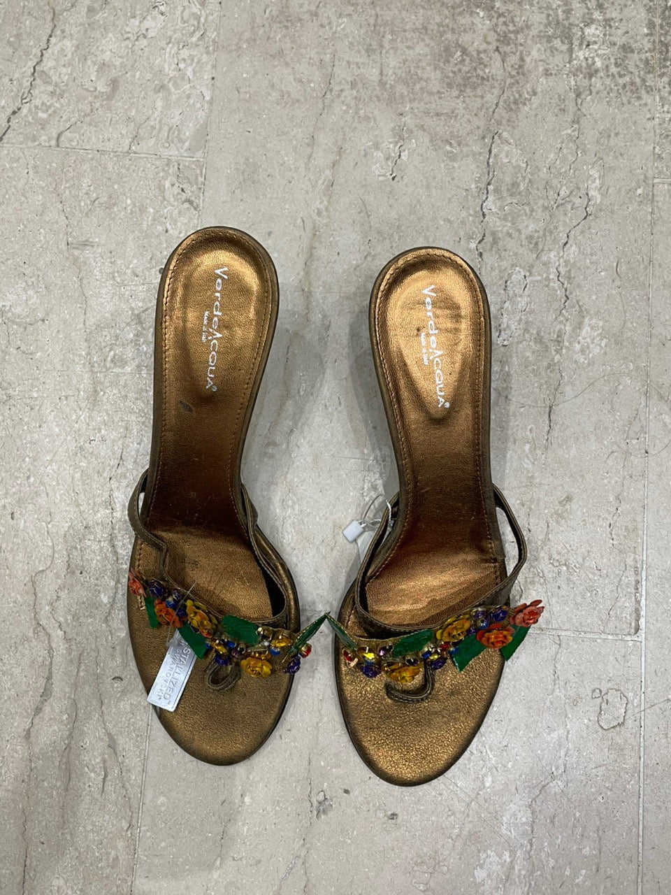 The Bronze Étoile Bloom Vintage Heel – bronze heels with crystal floral appliqués