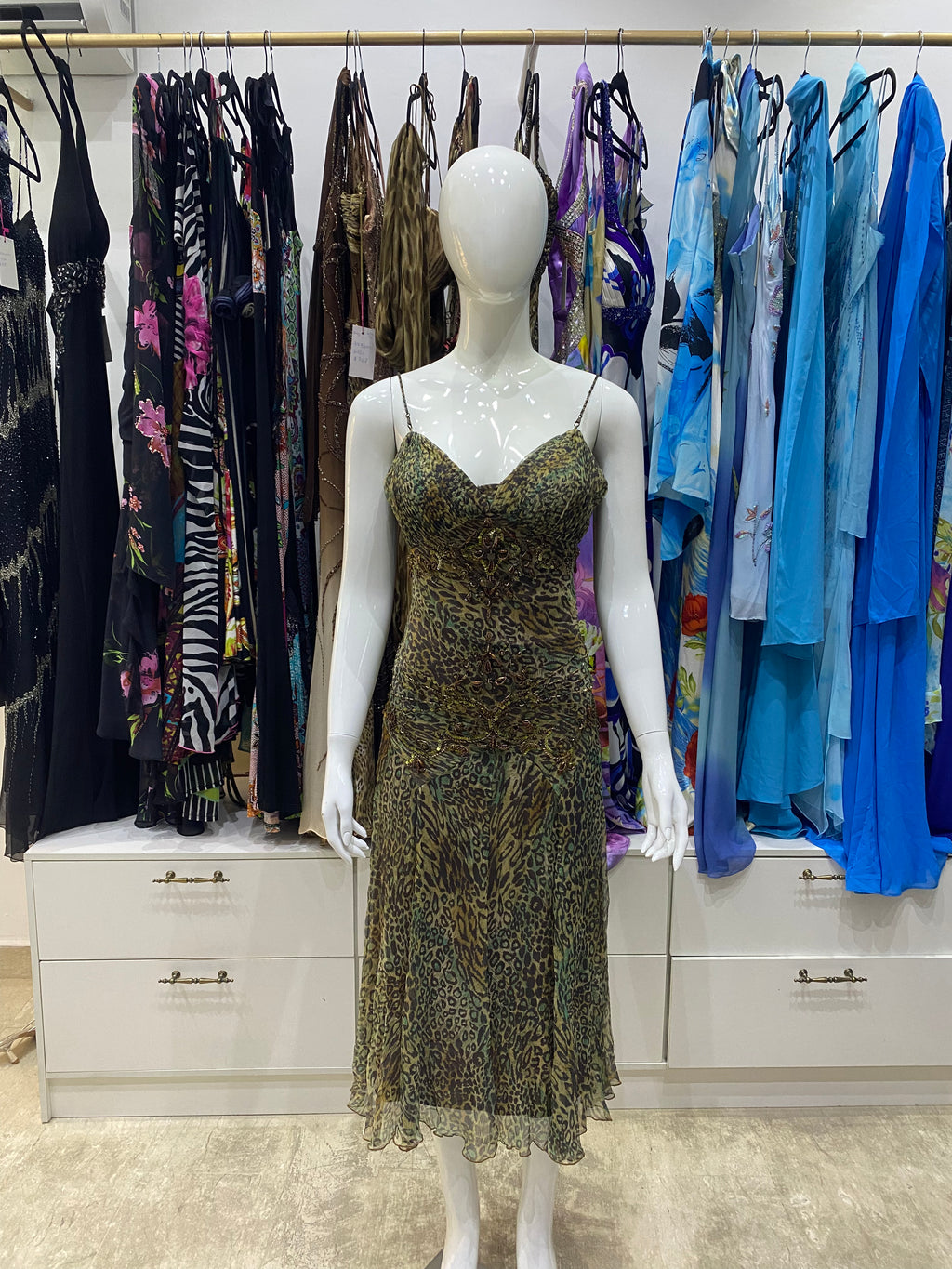 Leopard Print Beaded Chiffon Midi Dress