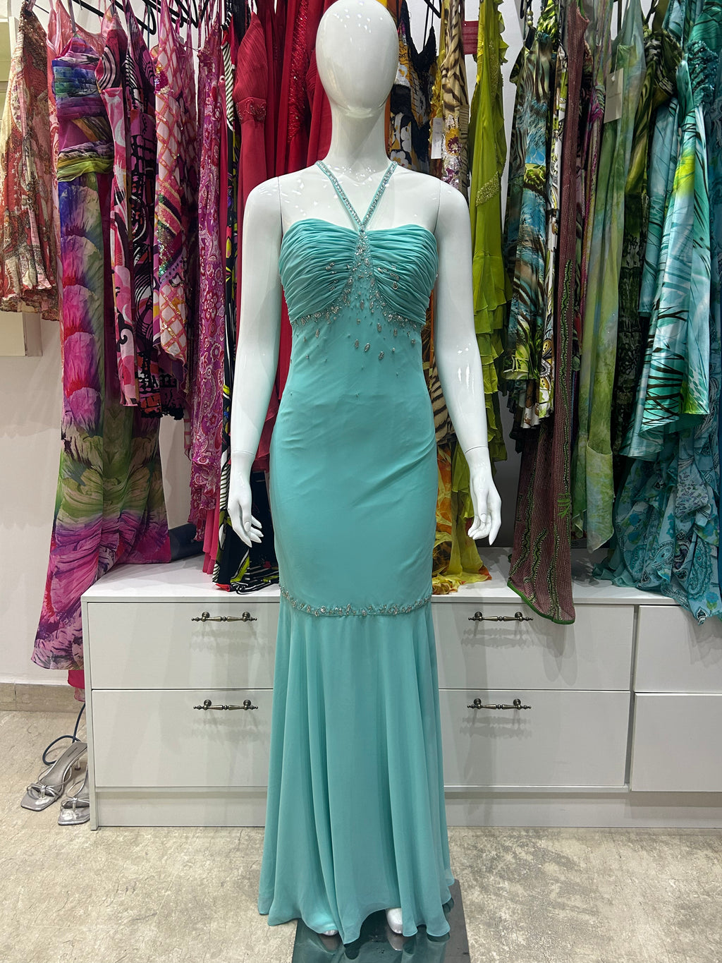 The Seafoam Serenade Vintage Dress – seafoam green gown with crystal embellishments front