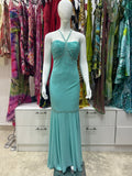 The Seafoam Serenade Vintage Dress – seafoam green gown with crystal embellishments front