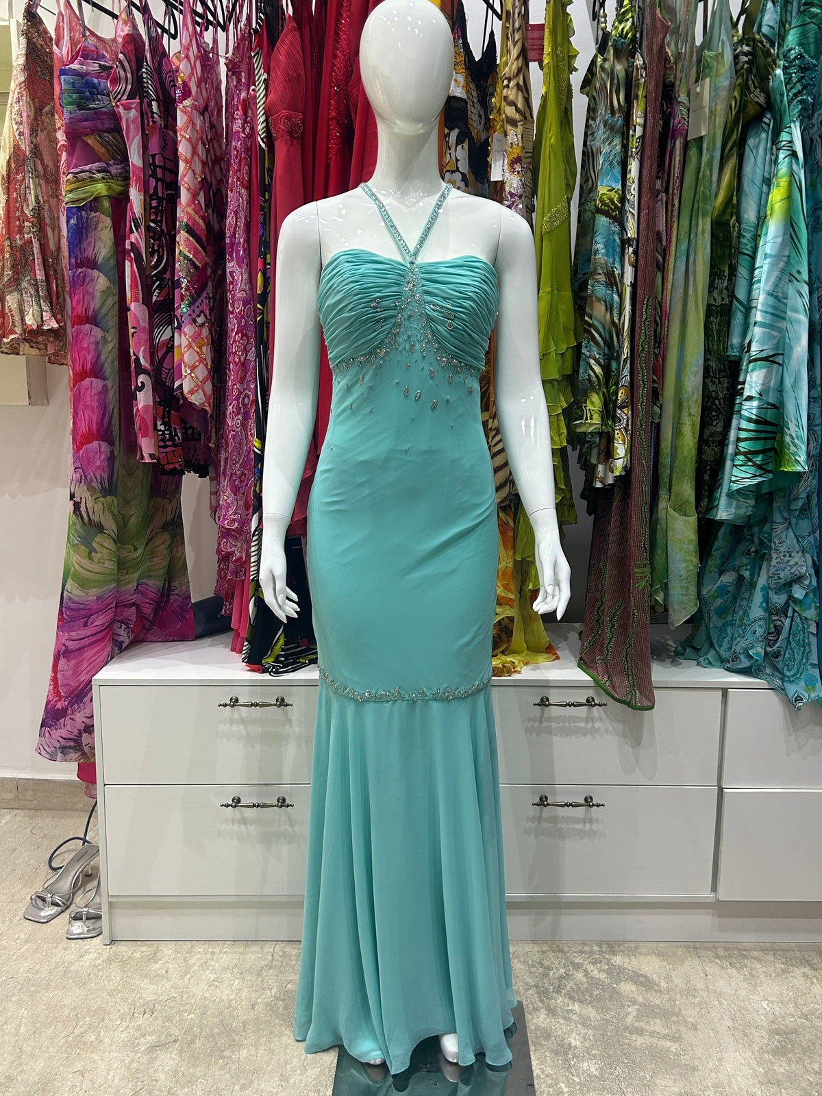 The Seafoam Serenade Vintage Dress – seafoam green gown with crystal embellishments front