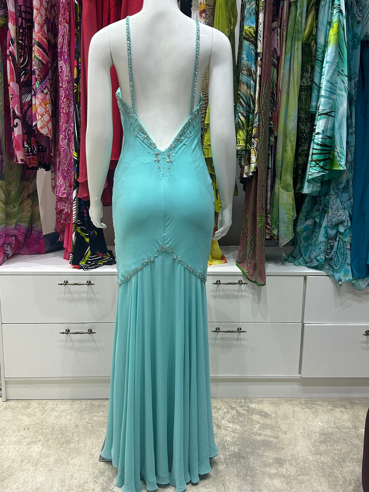The Seafoam Serenade Vintage Dress – seafoam green gown with crystal embellishments back