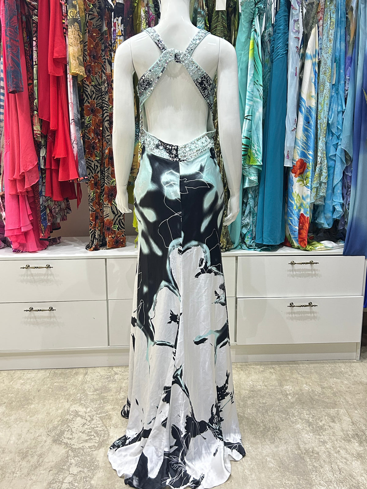 The Marble Muse Vintage Dress – black white marble print gown beaded back
