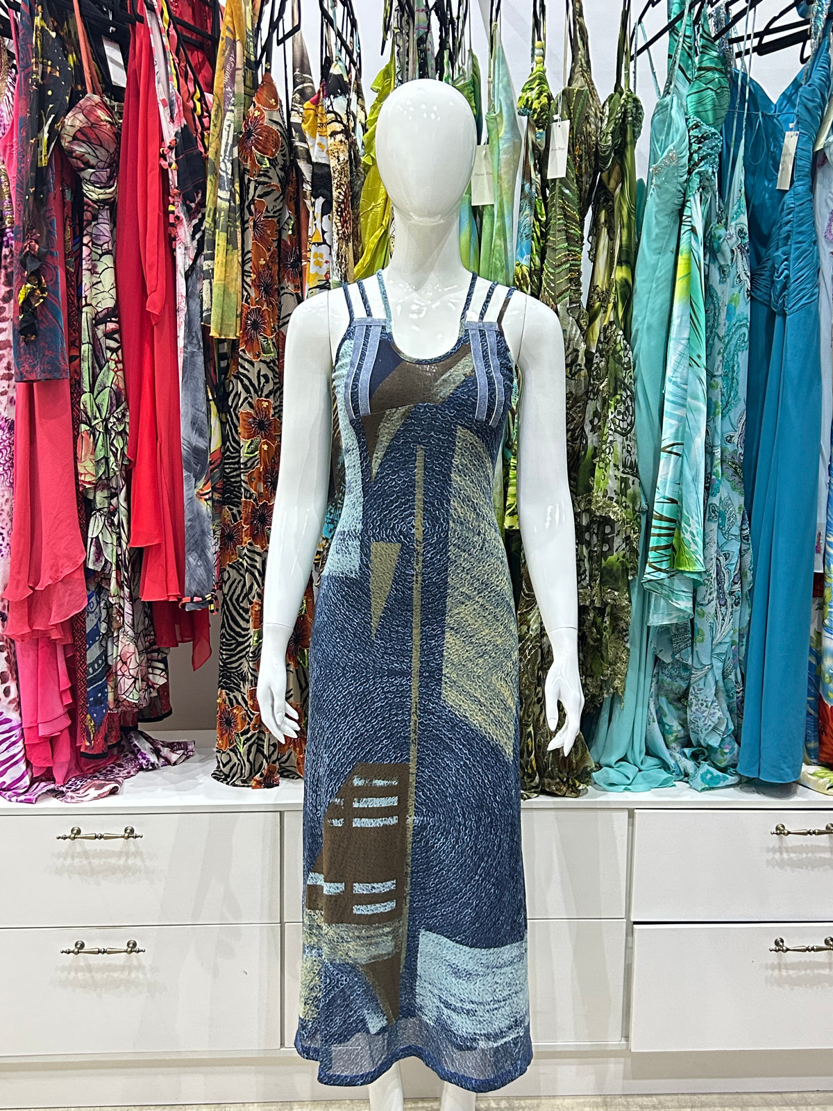 Indigo Save The Queen Vintage Dress – indigo midi dress with contrast stitching front