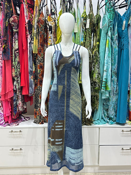 Indigo Save The Queen Vintage Dress – indigo midi dress with contrast stitching front