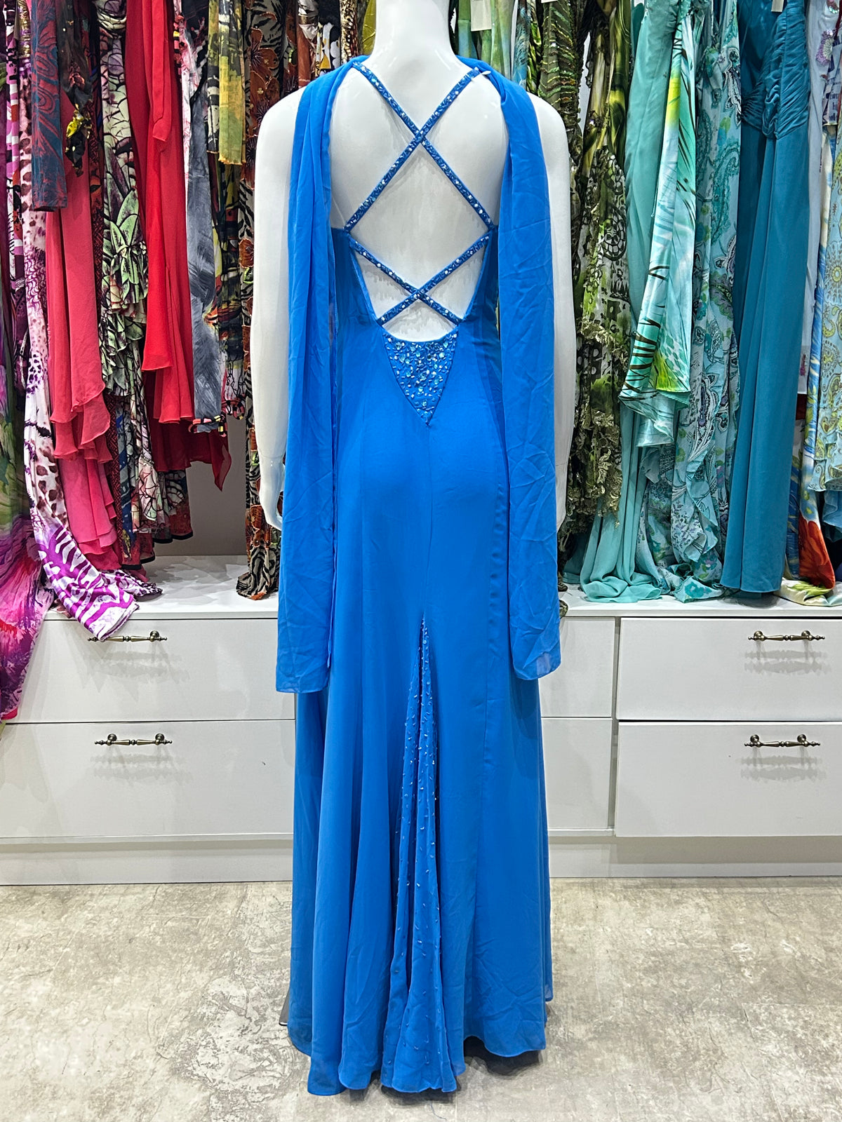 The Crystal Current Vintage Dress – blue gown with beaded rhinestone embellishments criss cross back