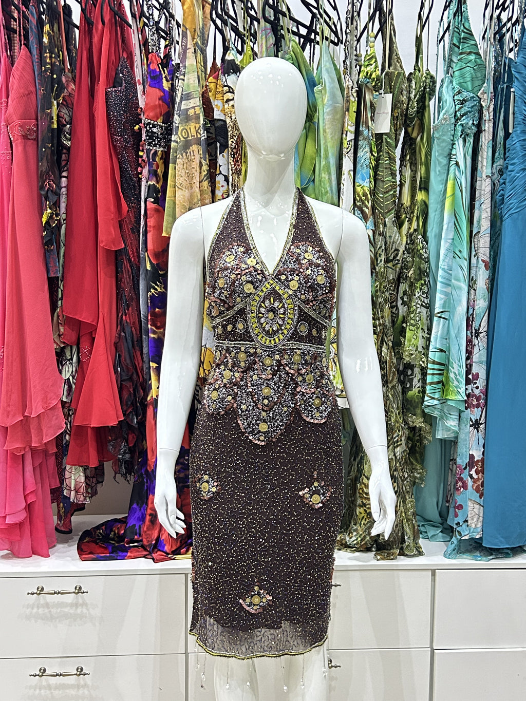 The Earth Chime Vintage Dress – brown halter dress with shimmering coin details and beading front