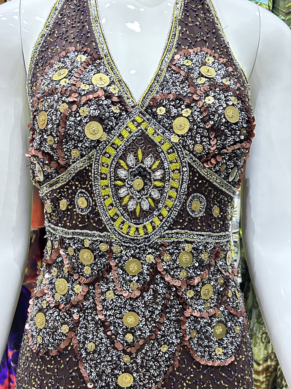beaded details of The Earth Chime Vintage Dress – brown halter dress with shimmering coin details