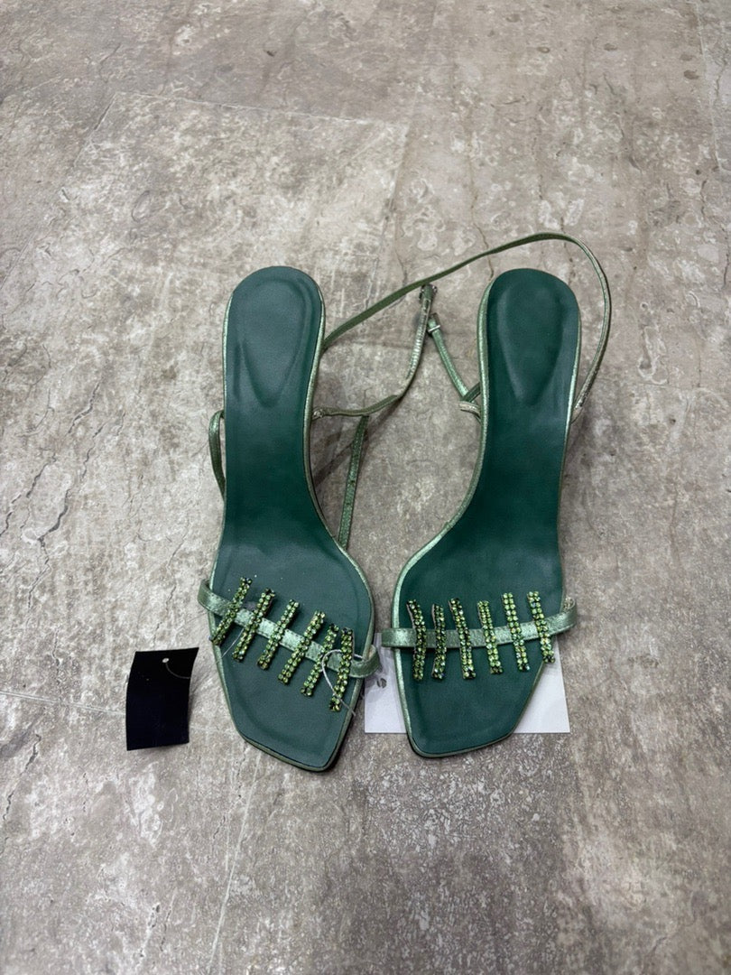 The Emerald Cross Glimmer Vintage Heels – green sandal heels with stone-set cross straps