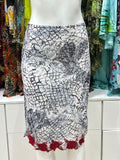 The Scarlet Bloom Vintage Skirt – monochrome mesh midi skirt with embroidered red rose hem