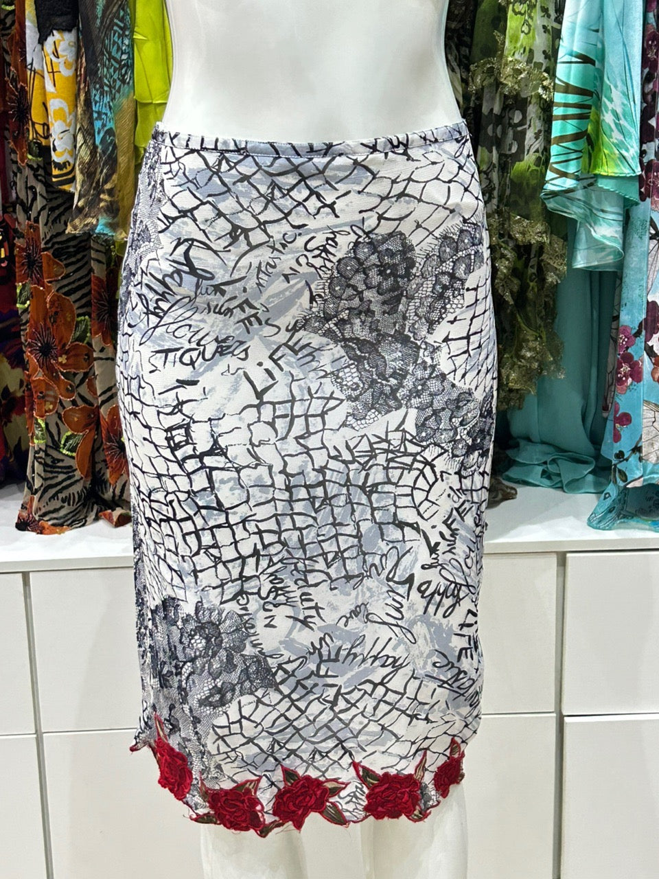 The Scarlet Bloom Vintage Skirt – monochrome mesh midi skirt with embroidered red rose hem