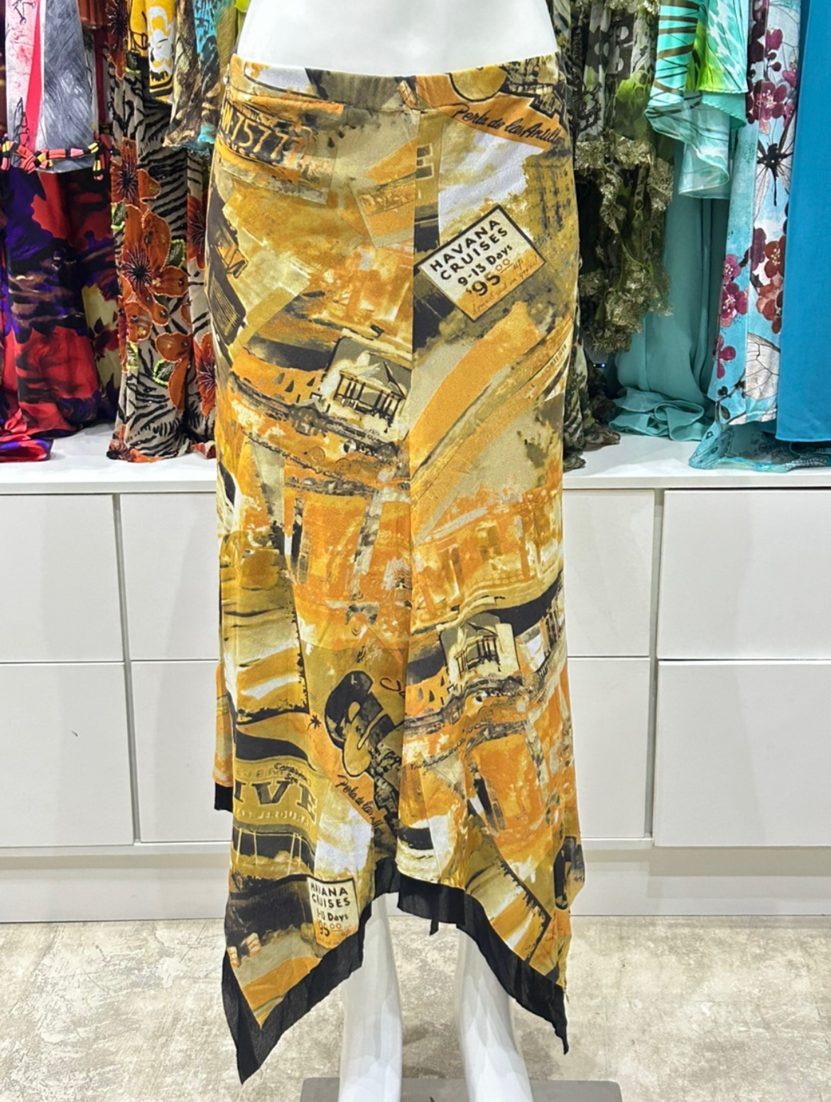 The Gold Print Vintage Skirt – gold abstract print midi skirt