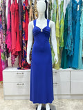 The Cobalt Escape Dress-A striking royal blue sleeveless maxi dress with a sweetheart neckline and a ruched bodice held together by a metal ring decorated in Swarovski crystals.
