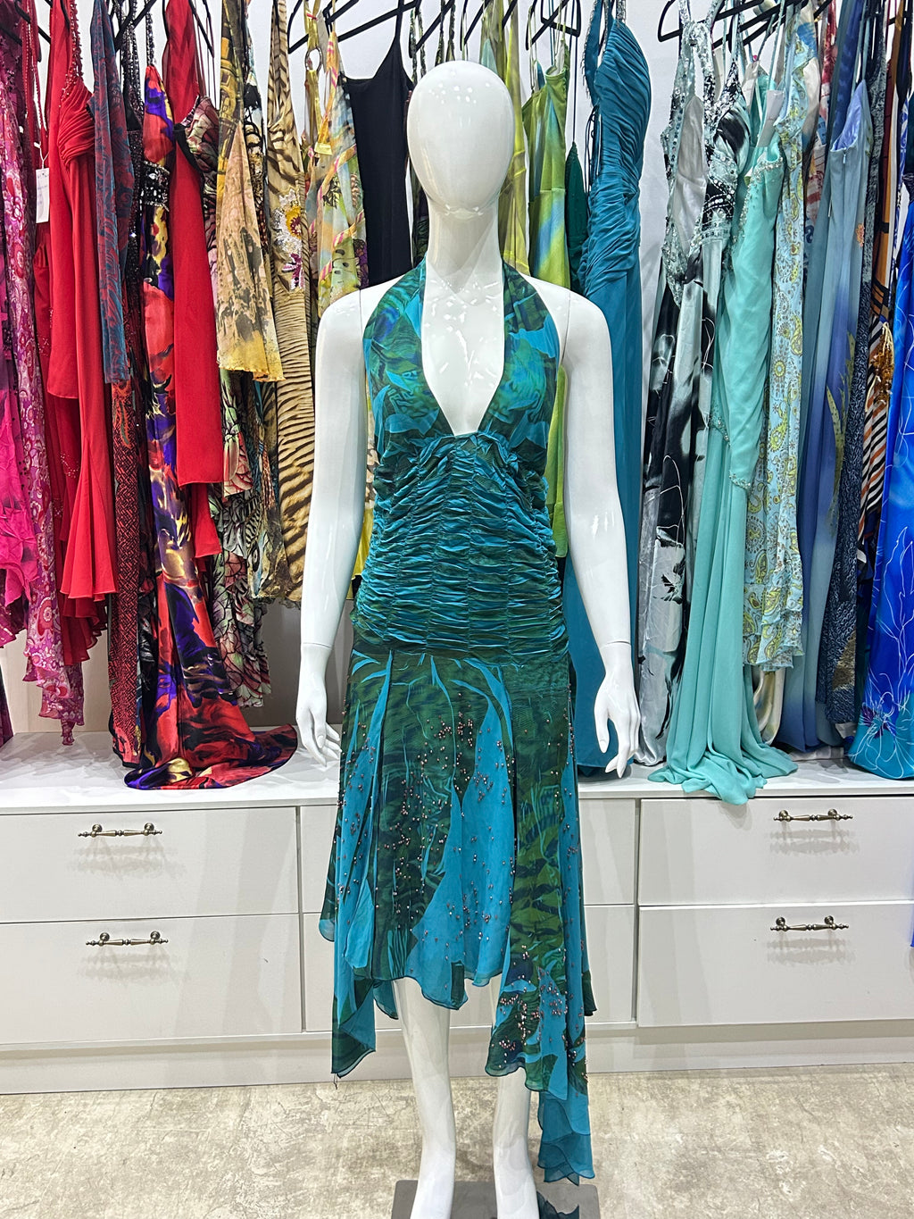 The Emerald Tide vintageThe Emerald Tide Vintage Dress – teal green ruched halter dress front