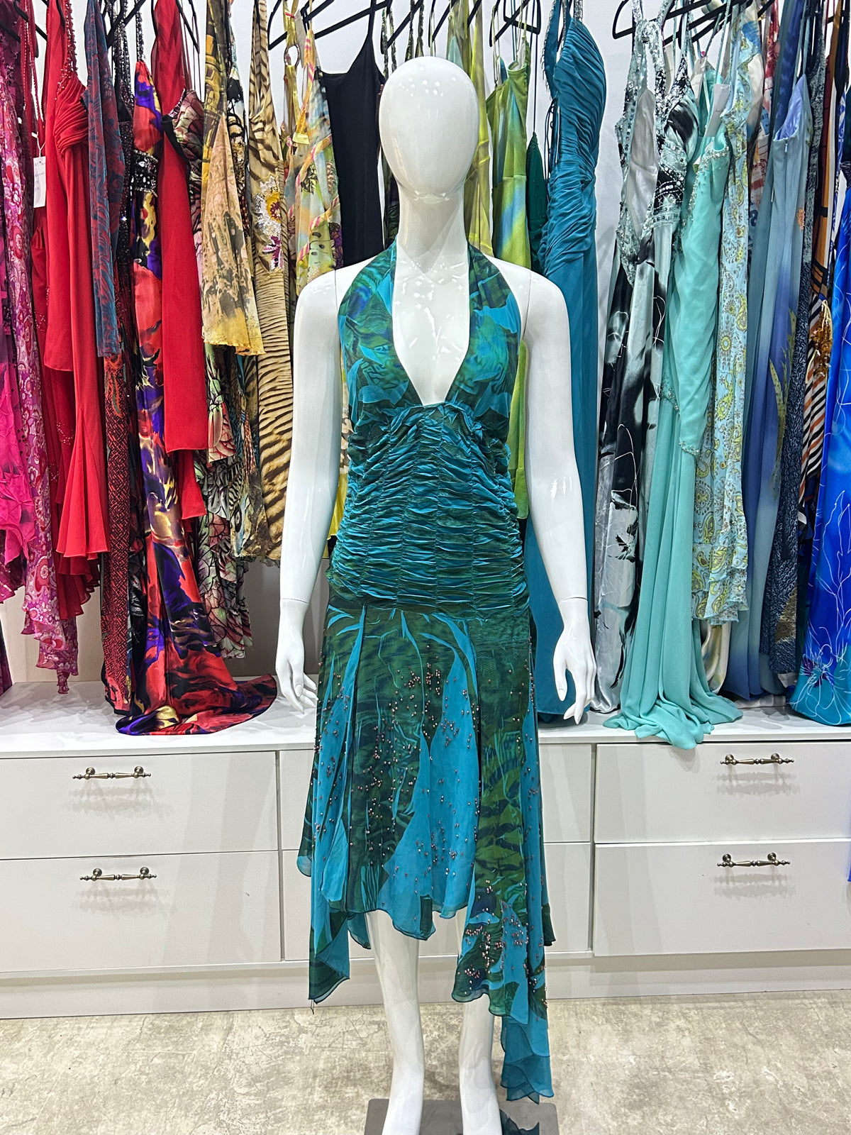 The Emerald Tide vintageThe Emerald Tide Vintage Dress – teal green ruched halter dress front