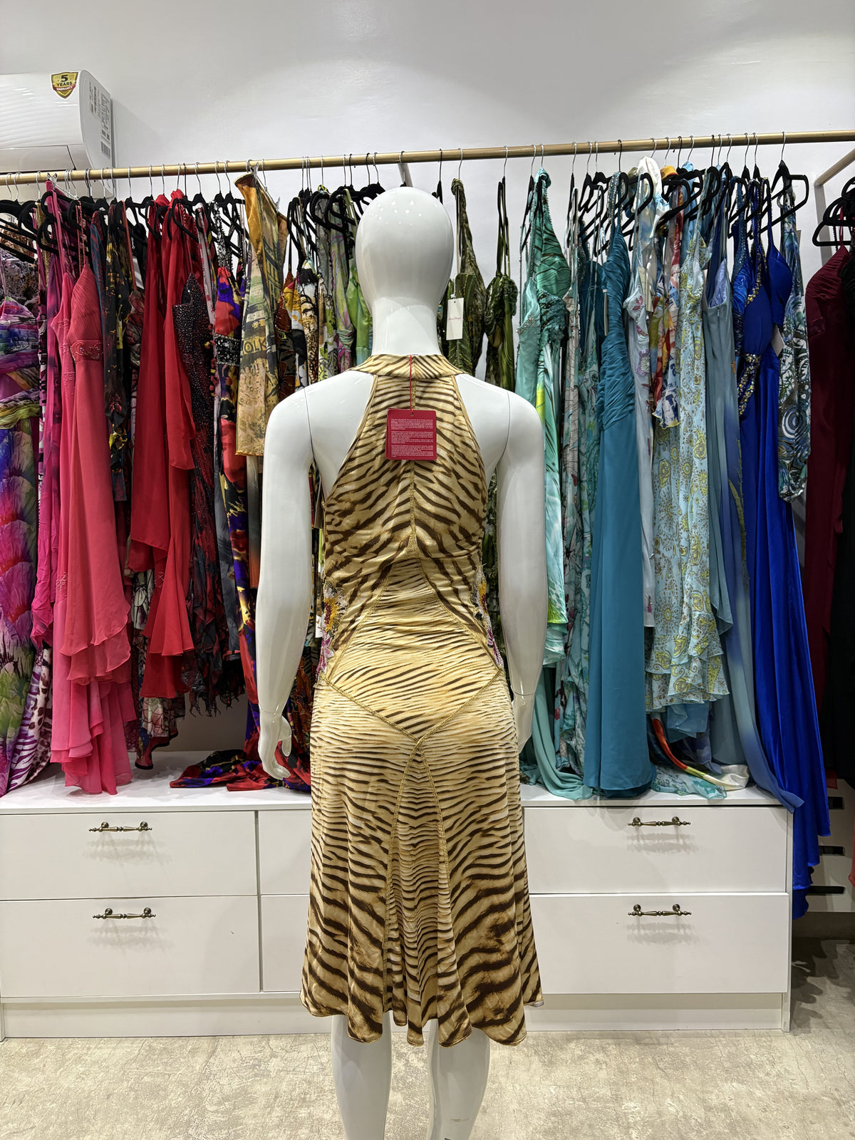 The Savanna Bloom Vintage Halter Dress – tiger print halter dress with floral motifs back