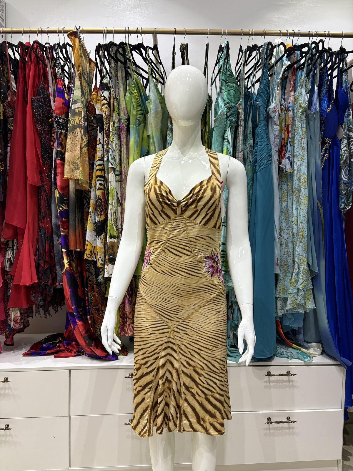 The Savanna Bloom Vintage Halter Dress – tiger print halter dress with floral motifs
